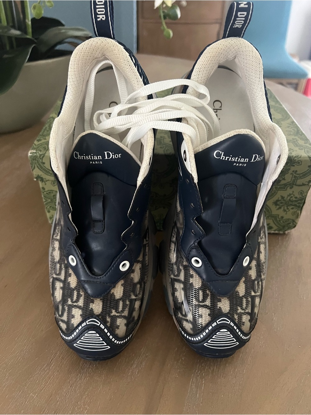 Dior Navy Blue and White Oblique Pattern Athletic Sneakers